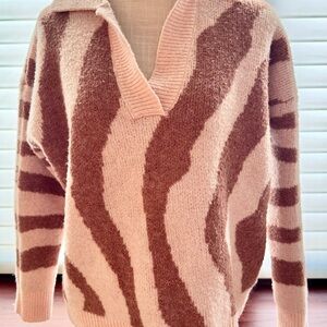 Nine West Brown and Cream V-Neck Sweater